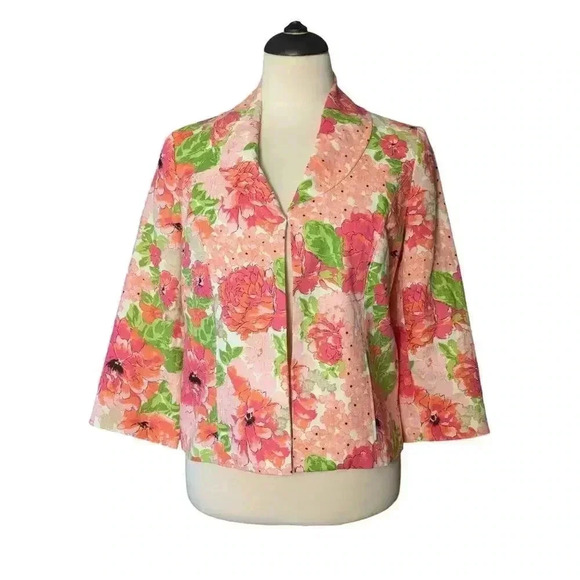 Kim Rogers Bright Floral 100% Linen Blazer Jacket 3/4 Sleeve Size Petite Small - Picture 1 of 9